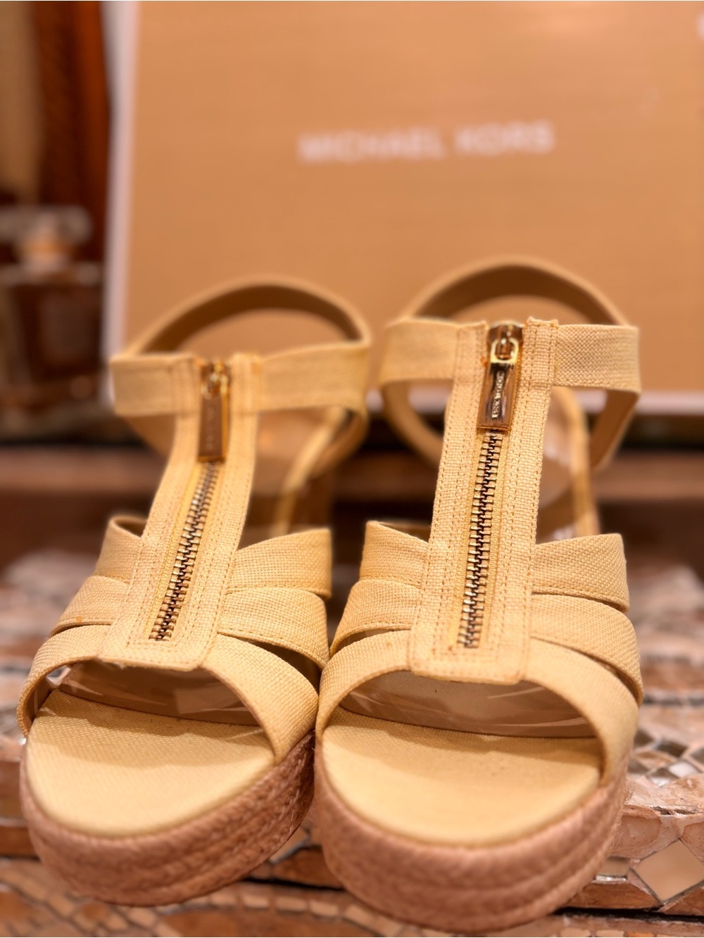 Michael Kors Yellow Canvas Espadrille Wedge Sandals with Gold Zip - Picture 2 of 6